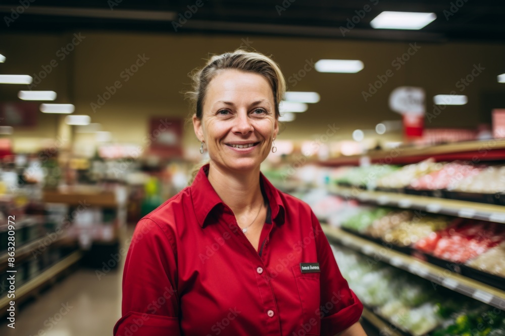 Portrait of a smiling middle aged Caucasian female grocery store worker Portrait of a smiling middle aged Caucasian female grocery store worker