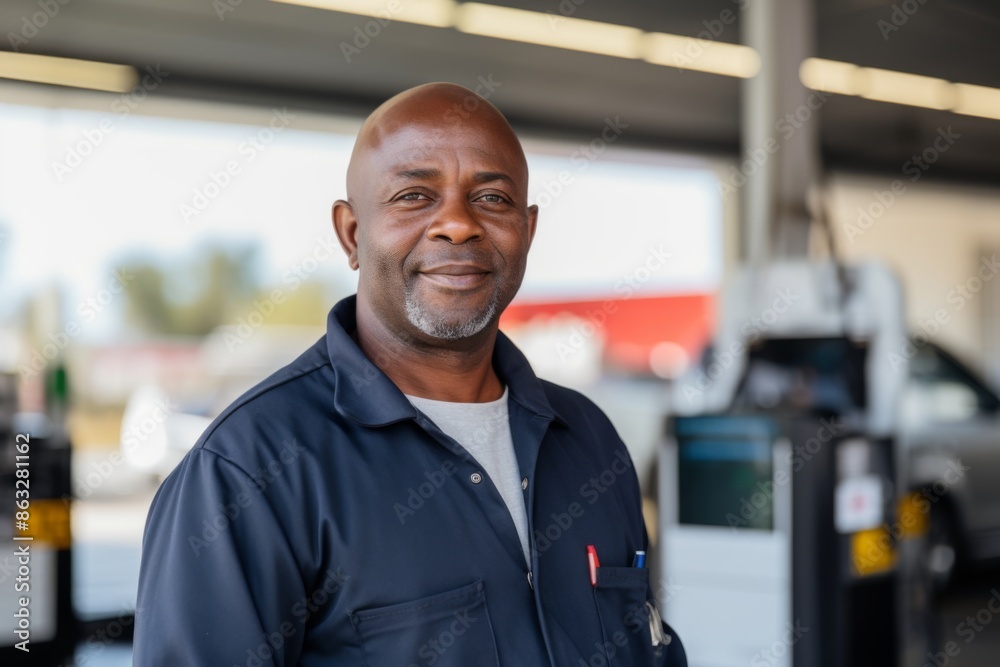 Portrait of a middle aged African American male gas station worker Portrait of a middle aged African American male gas station worker