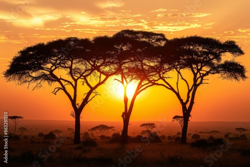 Silhouette of acacia trees against a vibrant orange sunset in the African savanna. © Pornarun