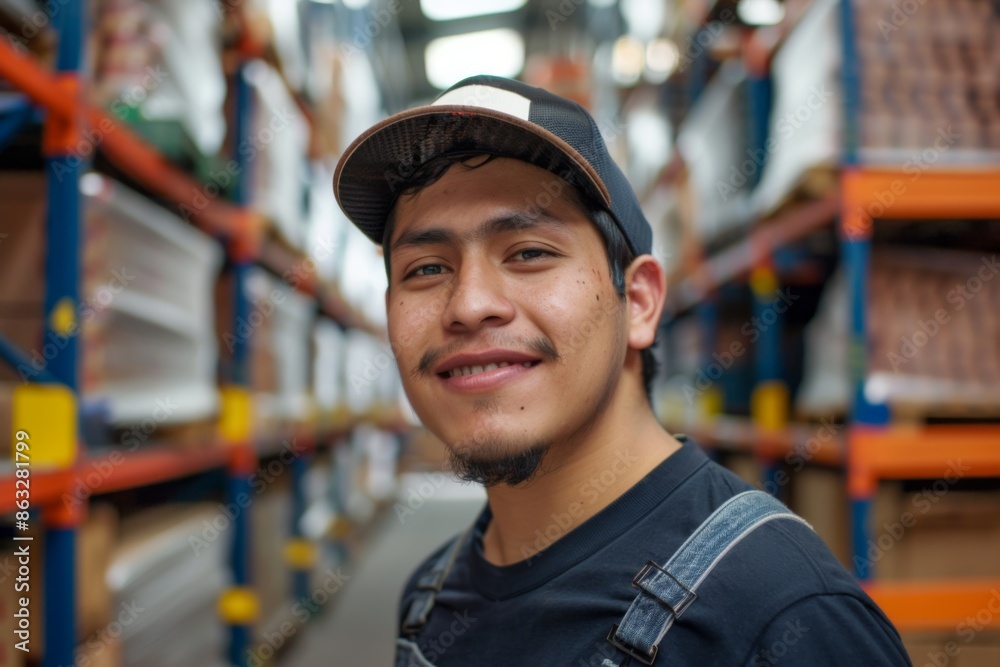 Portrait of a smiling young adult man working in warehouse Portrait of a smiling young adult man working in warehouse