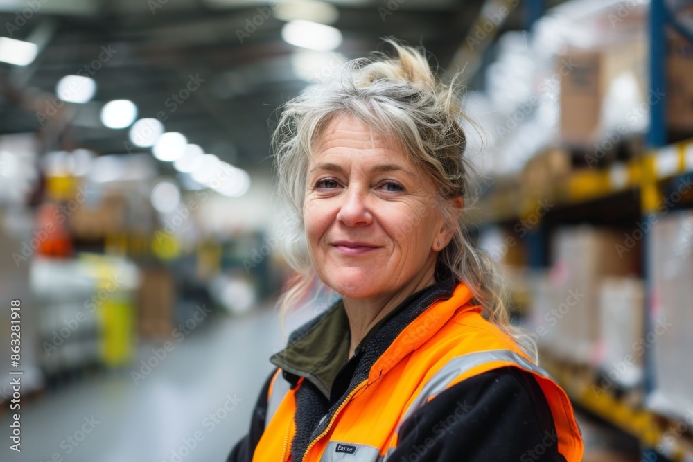 Smiling portrait of middle aged female warehouse worker Smiling portrait of middle aged female warehouse worker