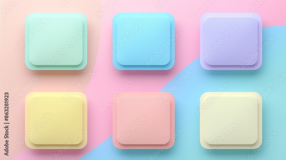 Six pastel colored square boxes on a pink and blue background. Minimalist product display. Flat lay. Six pastel colored square boxes on a pink and blue background. Minimalist product display. Flat lay.