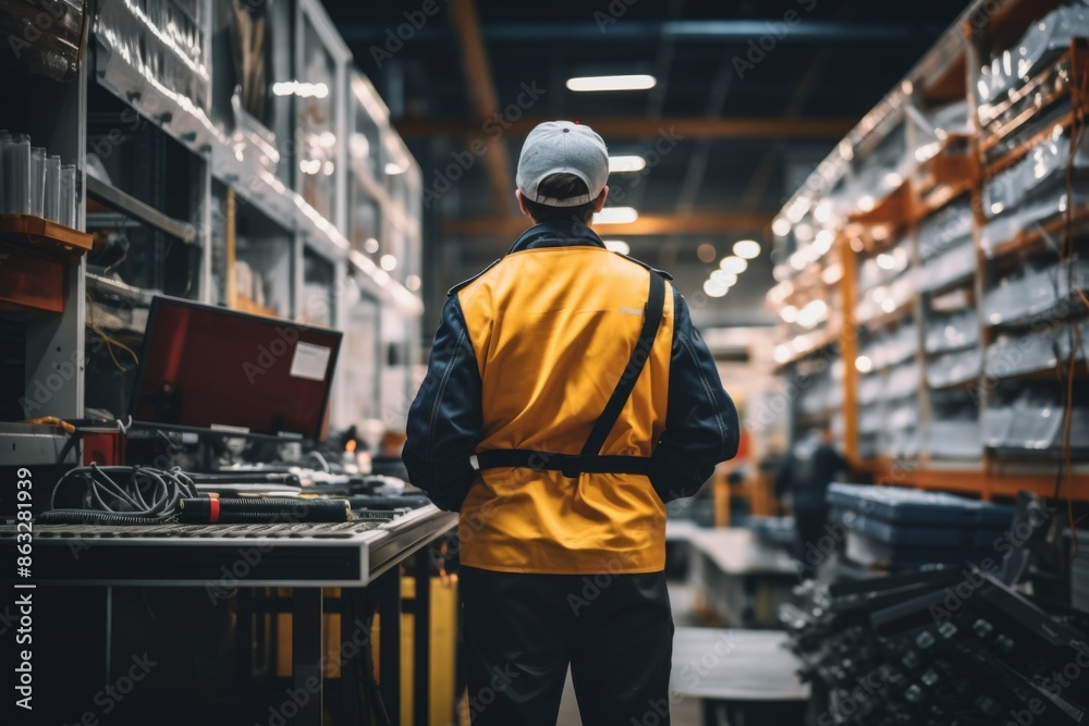 Rear view of a quality assurance technician working in factory