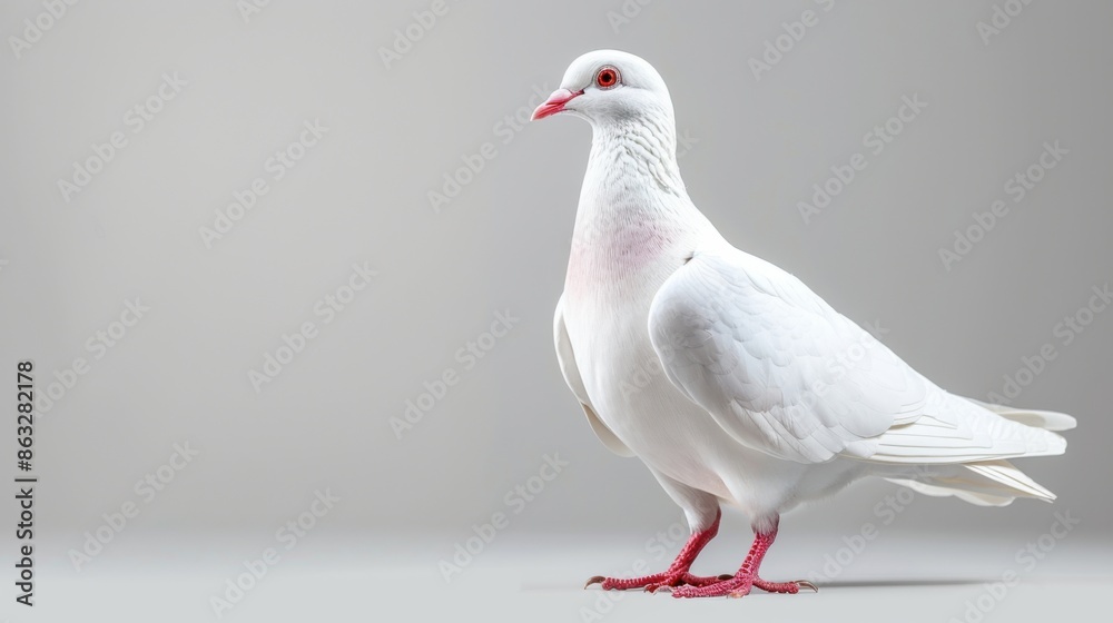 Obraz premium A white dove stands isolated on a transparent background. The elegant bird with a red beak and feet appears to be in a calm and serene pose.