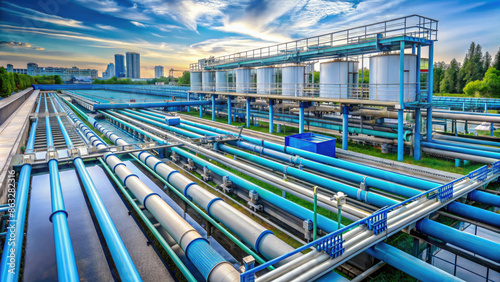 water treatment station, water softening and deferrization, industry, plant, filtration, desalination, wastewater, sewerage, device, architecture, view from above, ecology, treatment facilities, pipes photo
