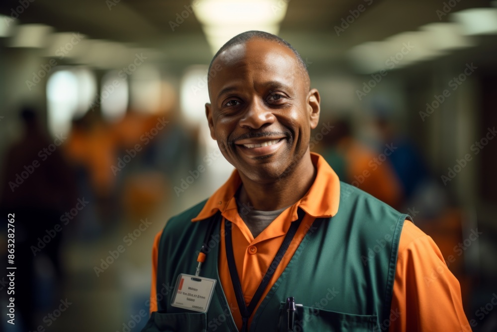 Portrait of a smiling middle aged African American male school janitor Portrait of a smiling middle aged African American male school janitor
