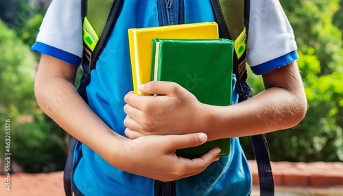Um jovem estudante de mochila segurando dois livros. Livros nas cores verde e amarelo. Referência as cores da bandeira do Brasil. Ensino médio, Educação, Brasileiro.