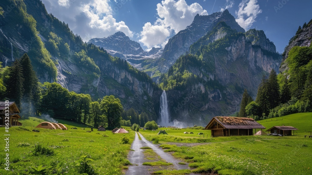 Obraz premium A breathtaking mountainous landscape featuring verdant meadows, a serene waterfall, and a scenic road connecting rustic huts and campsites.