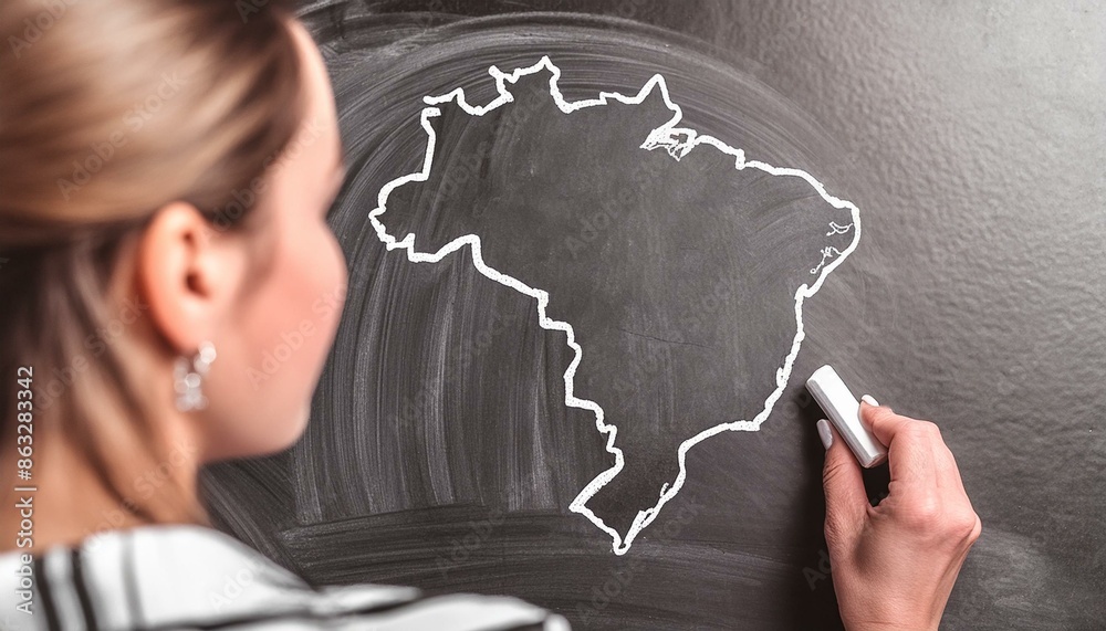 Uma professora desenhado com giz em uma lousa verde o mapa do Brasil. Educação, ensino, ensino médio, ensino público. Uma professora desenhado com giz em uma lousa verde o mapa do Brasil. Educação, ensino, ensino médio, ensino público.