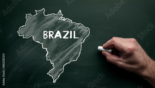 Um professor usando um giz para desenhar o mapa do brasil e o nome do país em uma lousa. Conceito para educação no Brasil. Ensino médio, Ensino fundamental e graduação. photo