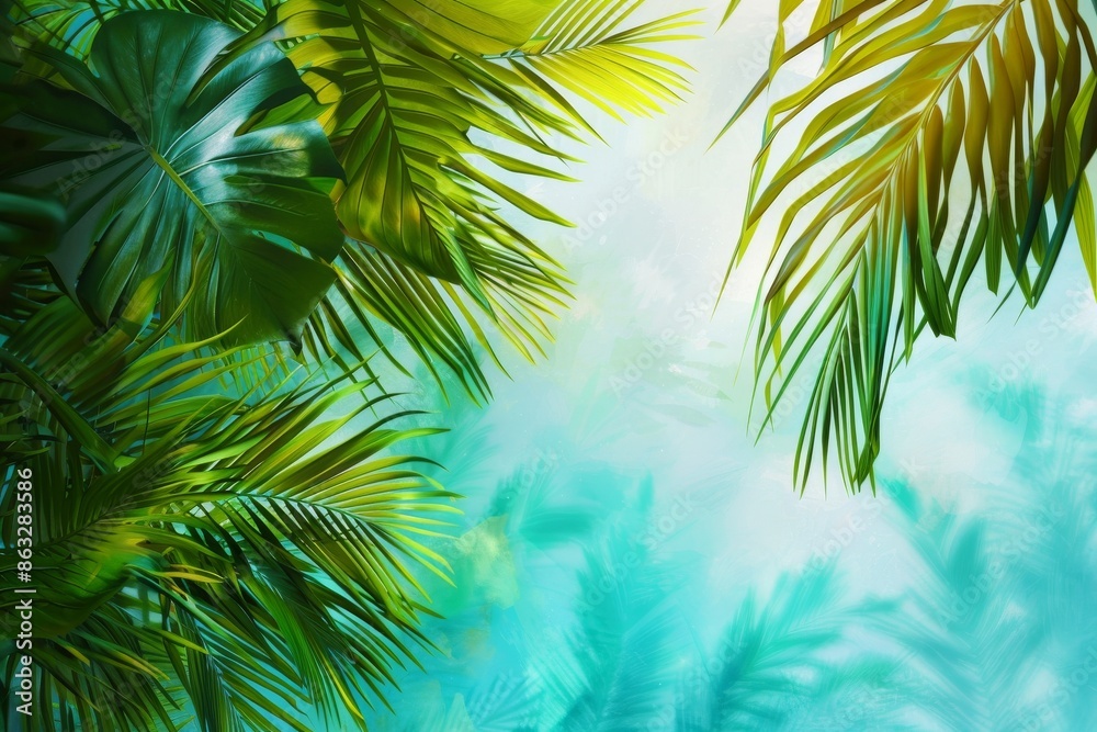 Fototapeta premium Tropical palm leaves frame a soft blue and green background. Perfect for summer, vacation, and nature themes.