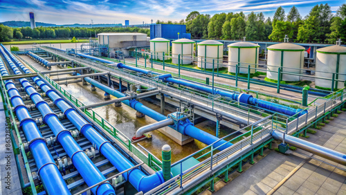 water treatment station, water softening and deferrization, industry, plant, filtration, desalination, wastewater, sewerage, device, architecture, view from above, ecology, treatment facilities, pipes photo
