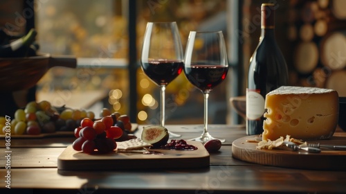 Two glasses of red wine, a bottle of wine, cheese, grapes and figs on a wooden table. © Pornarun