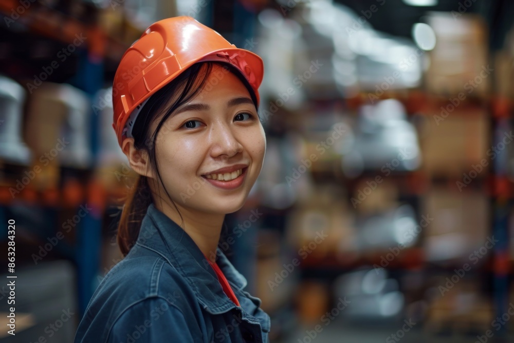 Portrait of a smiling young adult woman working in warehouse Portrait of a smiling young adult woman working in warehouse
