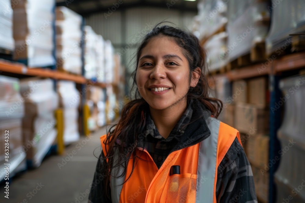 Portrait of a smiling young adult woman working in warehouse Portrait of a smiling young adult woman working in warehouse