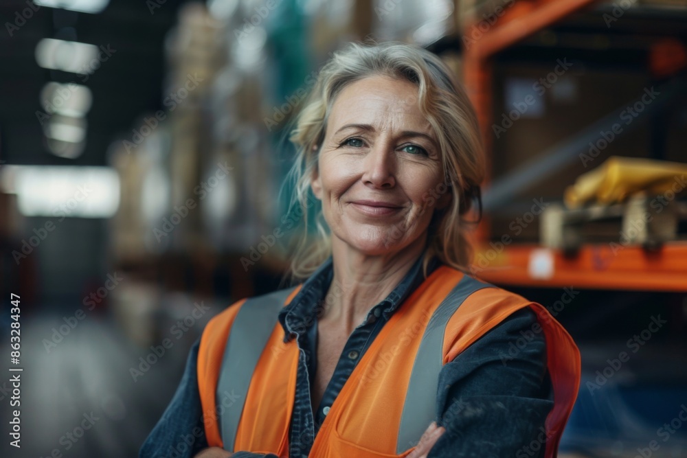 Smiling portrait of middle aged female warehouse worker Smiling portrait of middle aged female warehouse worker