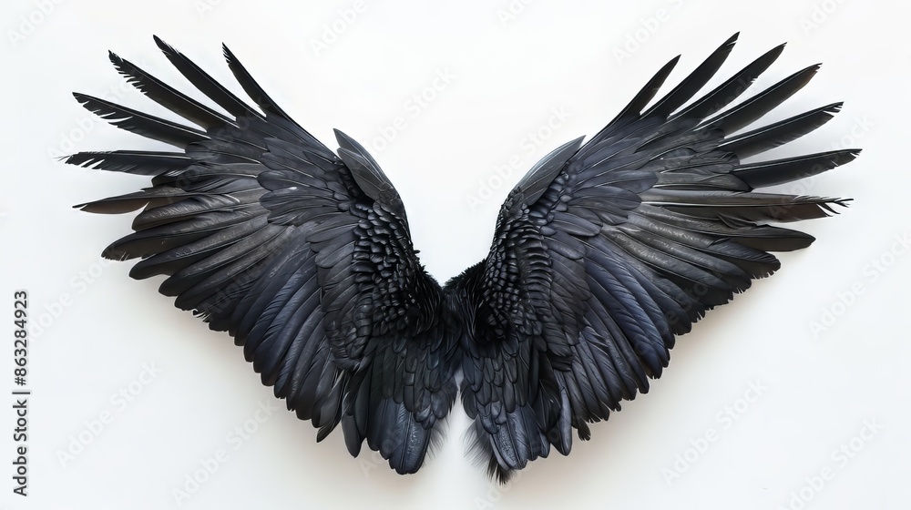 Black Raven Wings Spread Against White Background Black Raven Wings Spread Against White Background