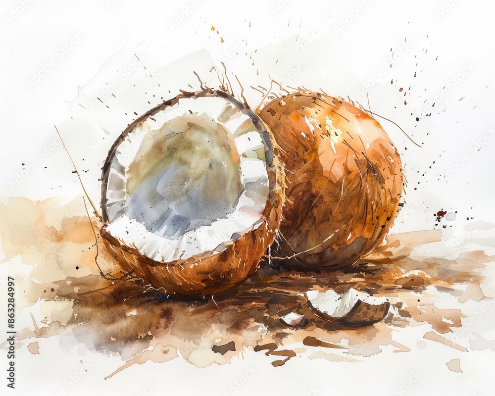 Watercolor painting of a cracked coconut and a whole coconut, on a brown background. Watercolor painting of a cracked coconut and a whole coconut, on a brown background.