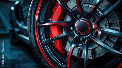 car sports red lighting wheel studio brakes brake caliper auto automobile automotive closeup black shot rim tire sport power vehicle motor luxury dark close silver chrome.