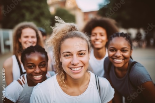 Group portrait of a smiling female basketball team