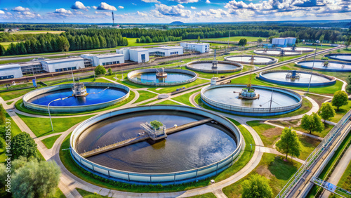 water treatment station, water softening and deferrization, industry, plant, filtration, desalination, wastewater, sewerage, device, architecture, view from above, ecology, treatment facilities, pipes photo