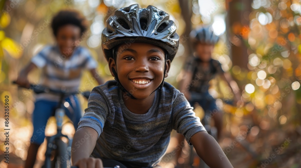 Child Wearing Helmet Biking on Path with Family in the Distance Child Wearing Helmet Biking on Path with Family in the Distance