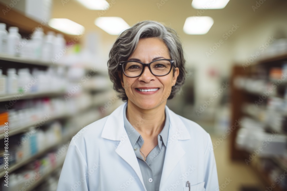 Portrait of a middle aged female pharmacy worker Portrait of a middle aged female pharmacy worker