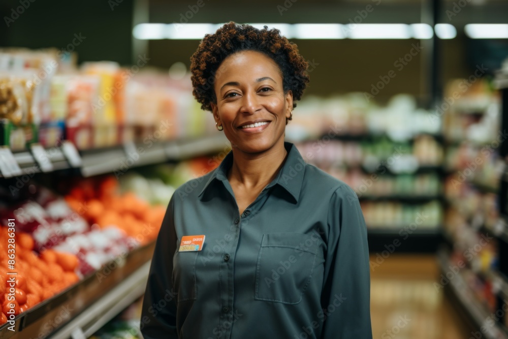 Portrait of a smiling middle aged African American female grocery store worker