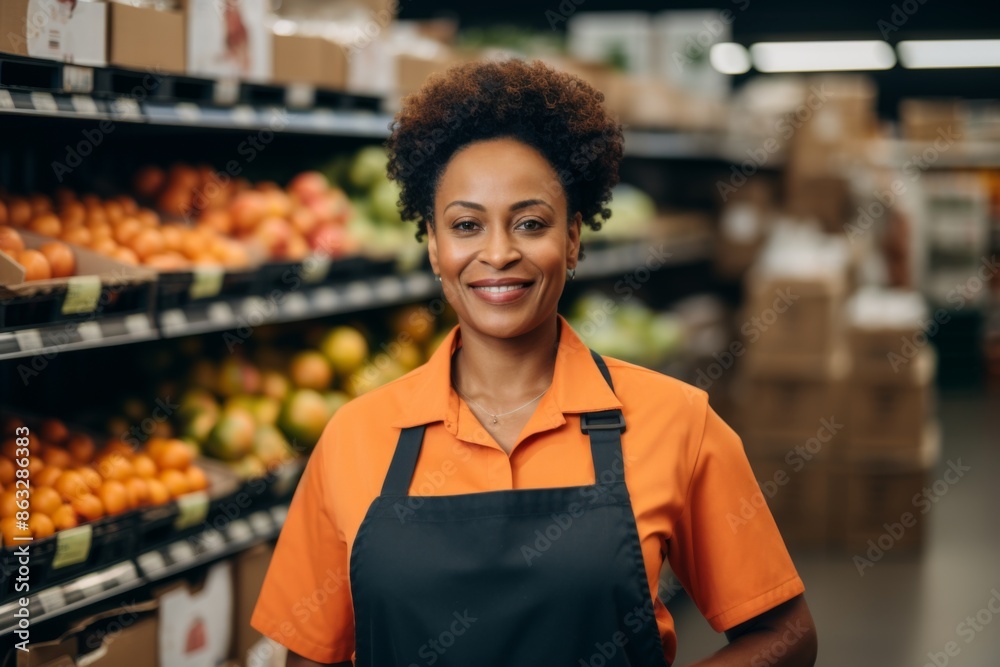 Naklejka premium Portrait of a smiling middle aged African American female grocery store worker