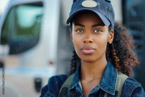 Portrait of a young adult female delivery driver