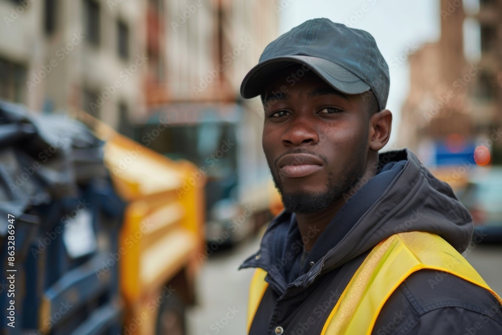 Portrait of a smiling young adult garbage man Portrait of a smiling young adult garbage man