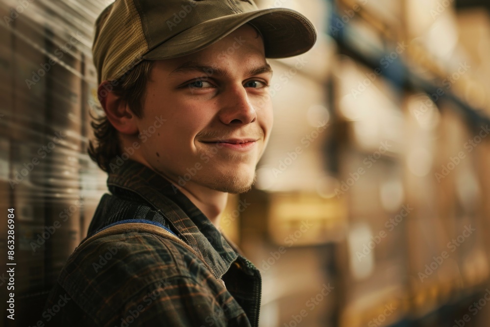 Portrait of a smiling young adult man working in warehouse Portrait of a smiling young adult man working in warehouse