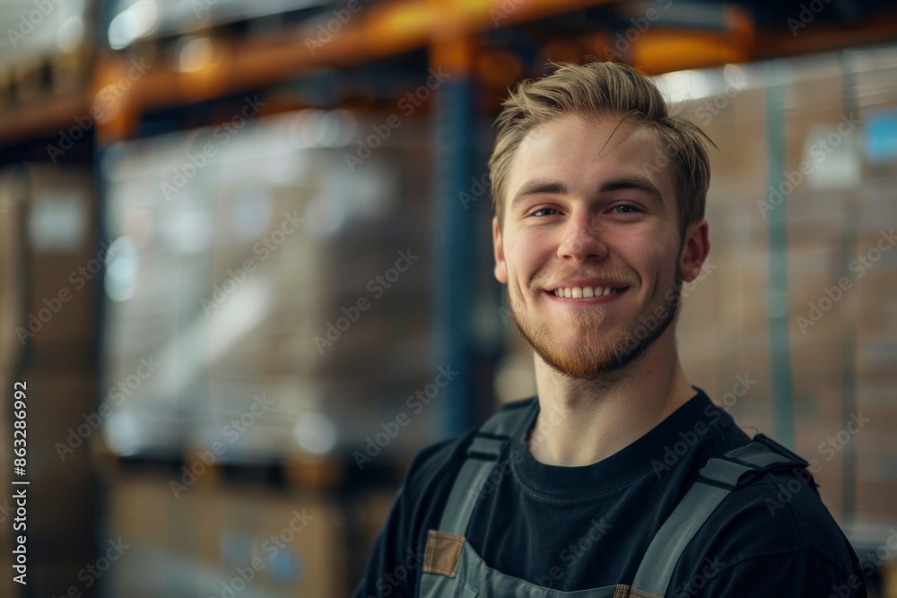 Fototapeta premium Portrait of a smiling young adult man working in warehouse