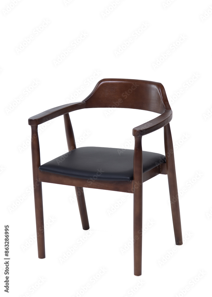 Single dark wooden chair isolated on white background. A modern dining chair made of walnut wood and leather Single dark wooden chair isolated on white background. A modern dining chair made of walnut wood and leather