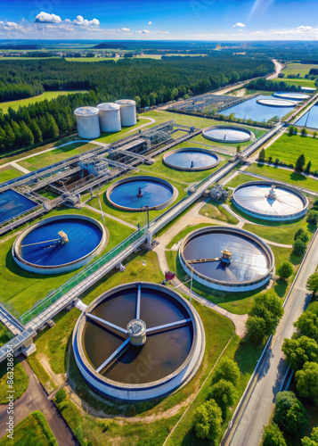 water treatment station, water softening and deferrization, industry, plant, filtration, desalination, wastewater, sewerage, device, architecture, view from above, ecology, treatment facilities, pipes photo
