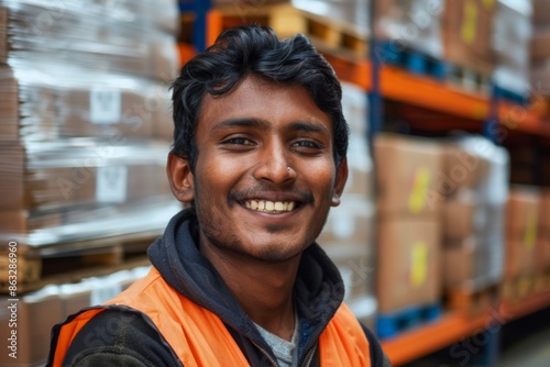 Portrait of a smiling young adult man working in warehouse © CojanAI