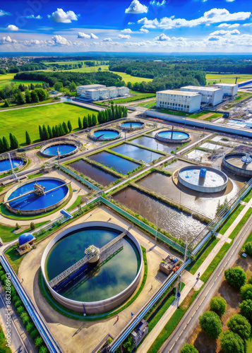 water treatment station, water softening and deferrization, industry, plant, filtration, desalination, wastewater, sewerage, device, architecture, view from above, ecology, treatment facilities, pipes photo