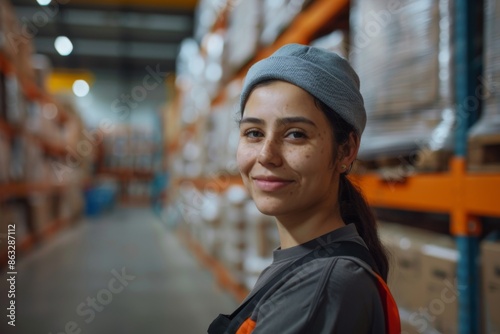 Portrait of a smiling young adult woman working in warehouse © CojanAI