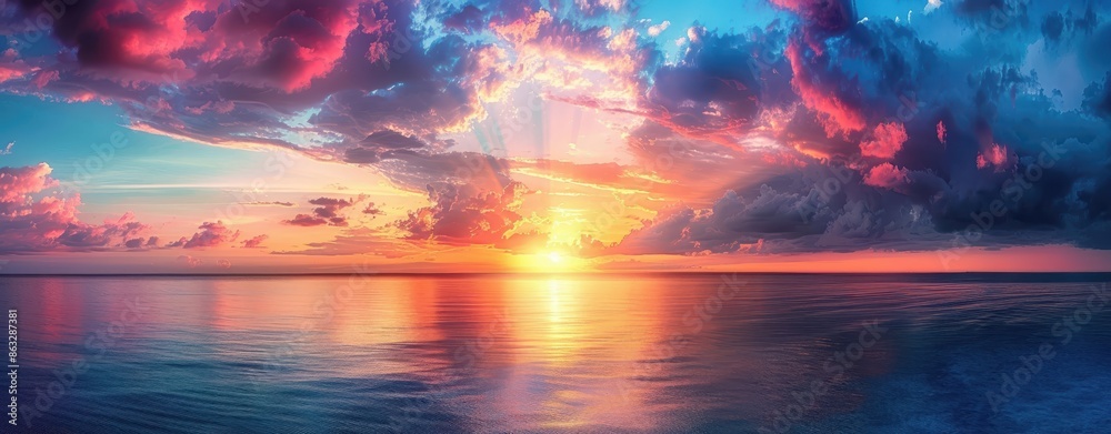 Vibrant sunset over calm ocean with colorful clouds and reflective waves