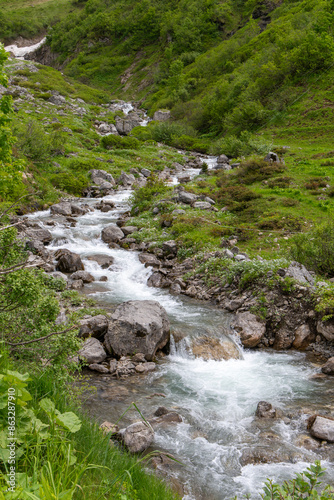 Water from snow melting in the Alps of Vorarlberg flows down the stream, snow on the mountains is melting and becomes a river, green flower-strewn meadows in the valley, alpine springtime