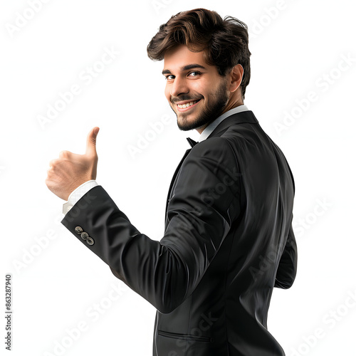 young handsome bussines man pointing to the back behind with hand and thumbs up, smiling confident isolated on white background, cinematic, png