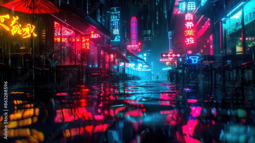 A vibrant night cityscape with neon lights reflecting on wet streets. The scene is filled with colorful storefront signs and a rainy atmosphere, creating a cyberpunk aesthetic. A vibrant night cityscape with neon lights reflecting on wet streets. The scene is filled with colorful storefront signs and a rainy atmosphere, creating a cyberpunk aesthetic.