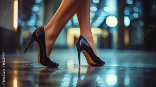 Beautiful women's legs in black high heel shoes close up