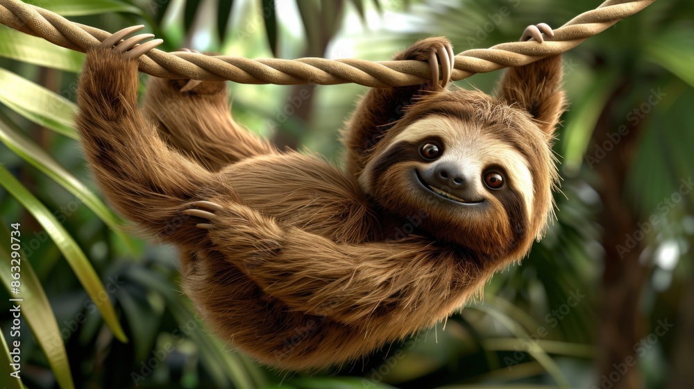 Fototapeta premium A cute cartoon sloth hangs from a rope in a lush jungle setting, smiling contentedly with room for copy.