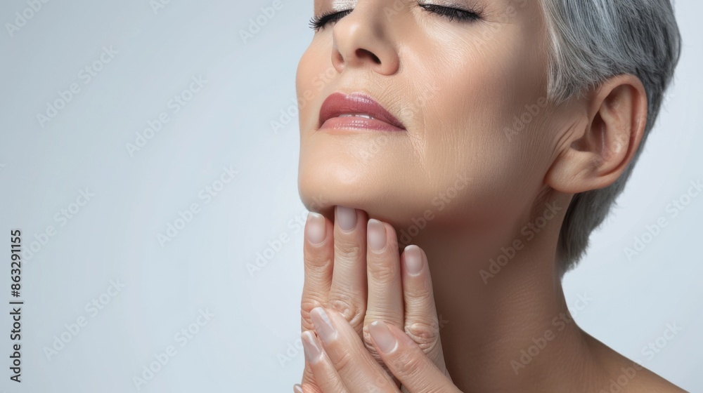 A beautiful middle-aged woman with short silver hair gently touches her neck, showcasing smooth and radiant skin. She has a serene and content expression, enjoying the moment. A beautiful middle-aged woman with short silver hair gently touches her neck, showcasing smooth and radiant skin. She has a serene and content expression, enjoying the moment.