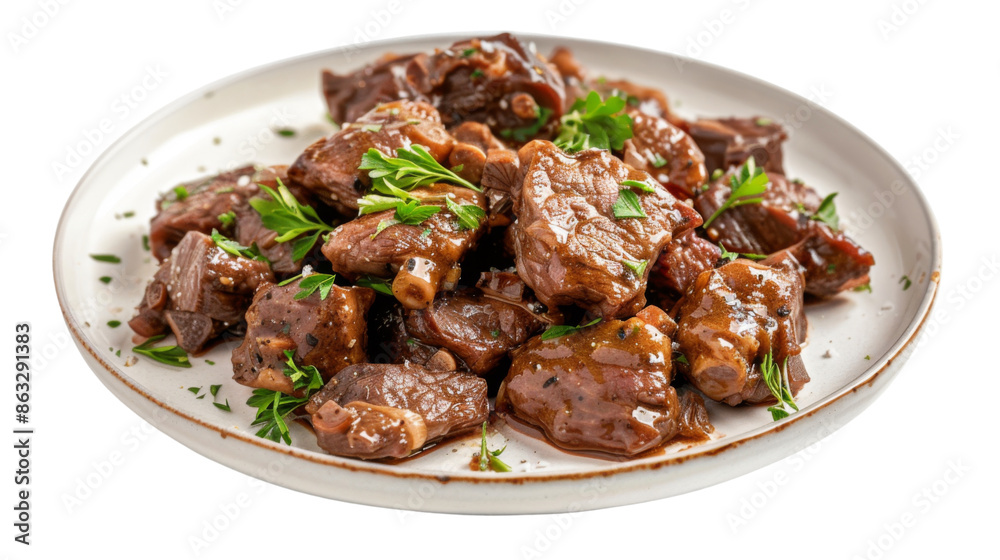 Plate filled with fried beef in mustard sauce on transparent background