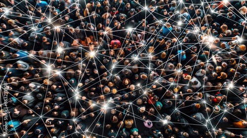 Aerial view of a crowd with glowing network connections superimposed, illustrating interconnectedness and communication among people.