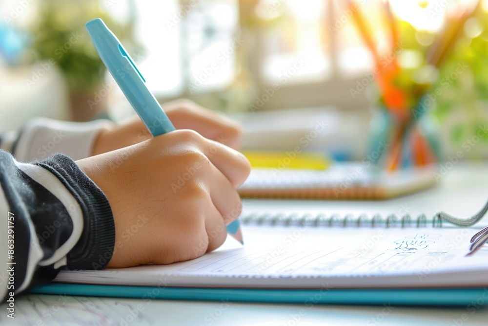 Child's hand writing in a spiral notebook with a blue pen in a bright ...