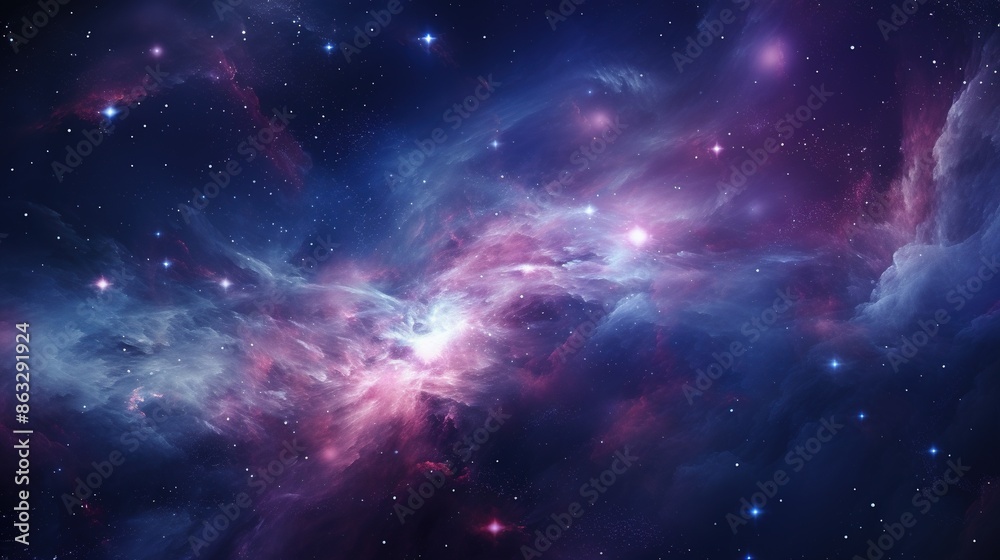 A captivating view of a cosmic nebula with scattered stars, showcasing vibrant hues of pink and blue against a dark backdrop A captivating view of a cosmic nebula with scattered stars, showcasing vibrant hues of pink and blue against a dark backdrop