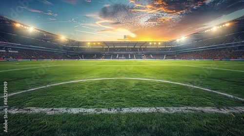 Illuminated Football Stadium at Sunset with Lush Green Field and Epic Sky
